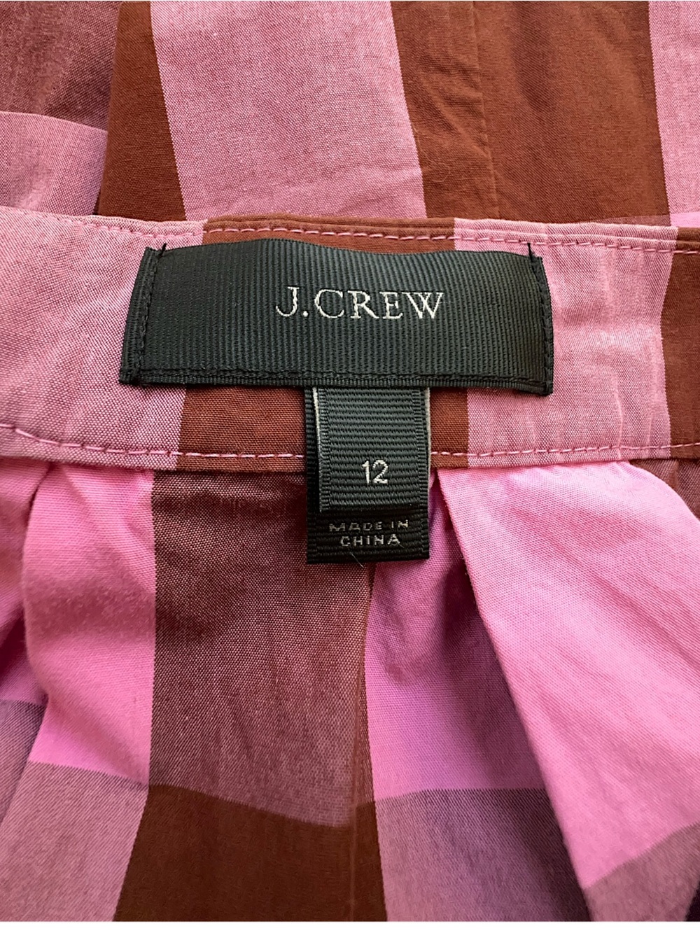 J CREW LARGE GINGHAM CHECK COTTON SKIRT PLEATS TIE BACK PINK & BURGUNDY SIZE 12 - Picture 9 of 9